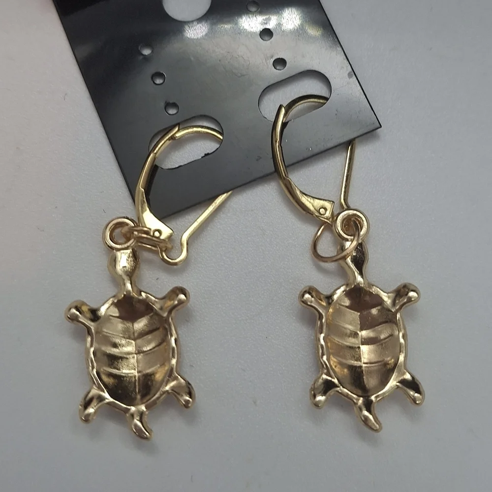 Turtle Dangle Earrings Goldtone and Enamel #2 - Picture 2 of 3